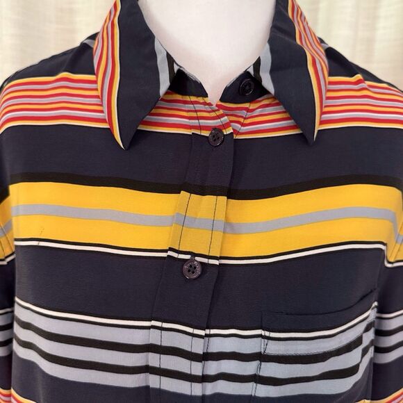 Equipment Femme Shirt Womens Small Navy Blue Striped 100% Silk Button‎ Up Top - Picture 2 of 15